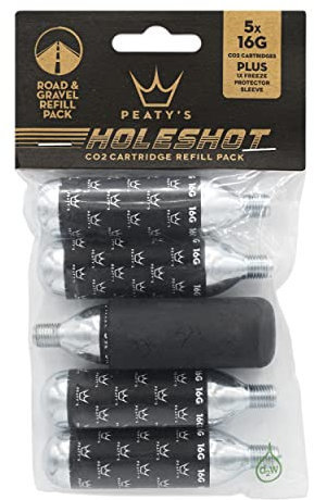Peaty's CO2 Cartridge Threaded Refill Pack (Pack Of 5) & Freeze Protector Sleeve With Unique Closed Base Design, Recycled Cardbaord And Biodegradable Bag - Road & Gravel (16g)