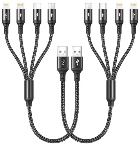 RULUS Multi Charger Cable [2Pack 35cm], 4 in 1 USB Multi Charger Cable Fast Charging & Data Sync Dual Nylon with IP/Type C/Micro USB for Phone 15/14/13/12,Android,Tablet and More