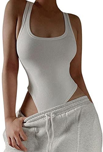 TTPSRY Damen Body Bodysuit Ärmellos Bodies Oberteil Overall Sexy Unterziehbody Blusebody Elegant Schmal Bodys Tops (Weiß/L)