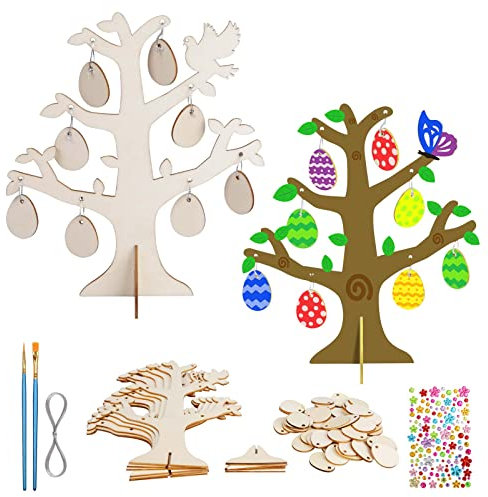 LOOPES Set di 63 Lavoretti di Pasqua Decorazioni per Uova di Pasqua Albero di Pasqua in Legno con Uova di Pasqua Appendibili attività Creativa di Pittura Fai da Te per Bambini Ornamenti di Primavera