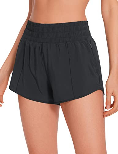 CRZ YOGA Damen High Waist Running Shorts Gym Sporthose Mesh Innenhose Schnelltrocknend Kurz Hose mit Zip Tasche - 6.4cm Schwarz 40