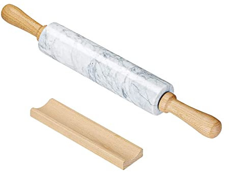 Intirilife Nudelholz aus Marmor mit Ablage in Weiß - 46.5 cm - Teigrolle, Backrolle, Wellholz, aus natürlichem Marmor, zum einfachen Teig ausrollen, leichte Reinigung