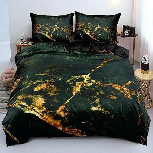 Luowei Bettwäsche 155x220 cm 3tlg Marmor Grün Gold, Mikrofaser | Oeko-TEX Atmungsaktiv Bettwäsche Set Modern Ästhetisches Design Bettbezug mit Reißverschluss und 2 Kissenbezüge 80x80cm