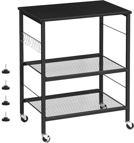 Estante para panaderos, carrito de microondas con almacenamiento, pequeña isla de cocina sobre ruedas, carrito de barra de café negro, soporte de estante de cocina de 3 niveles con 10 ganchos, mesa de