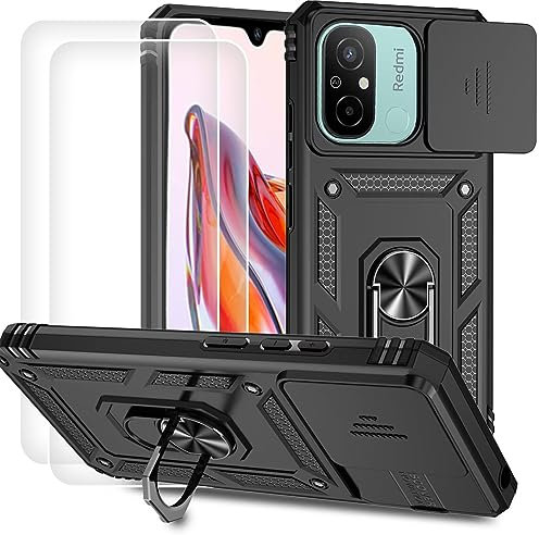 Dechyi für XiaomiRedmi 12C Hülle mit Panzerglas Schutzfolie Schutzhülle mit Kameraschieber Case 360° Drehbarer Militä Ständer Stoßfest Cover-Schwarz