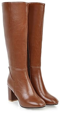 OTMYIGO Stivali Western da Donna Cowboy Cowgirl PU Cerniera Laterale Stivali Alti al Ginocchio Autunno Inverno Tacchi Alti Stivali da liberazione Caldi e accoglienti,Marrone,44