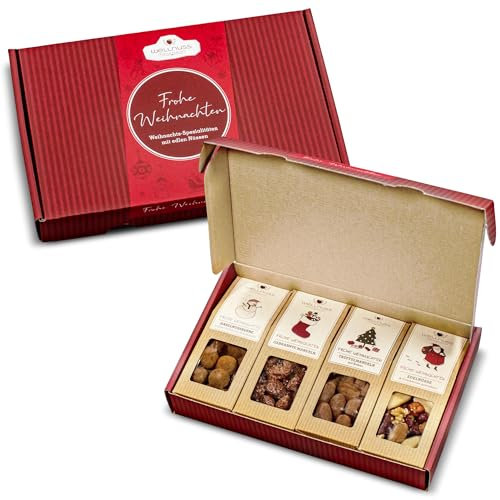 wellnuss Limitierte Weihnachtsedition - 4 Snacks im Geschenkkarton | Gourmet Snackmischungen für Erwachsene aus Nüssen, Früchten & Schokolade | Das Besondere Geschenk zu Weihnachten