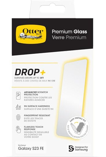 Otterbox Protecteur d'écran Premium Glass pour Samsung Galaxy S23 FE, Verre trempé, Protection avancée Anti-Rayures, résiste aux Chutes jusqu'à 0,9 m, Protection antimicrobienne