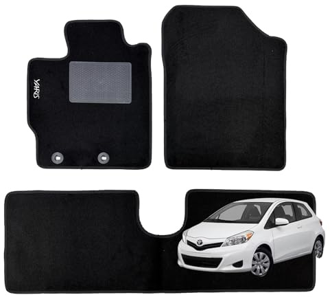 Fußmatten aus schwarzem Teppich für Yaris III von 2011 bis 2020, mit angenähtem Fersenpolster, Befestigungsknöpfen und rutschfestem Klettverschluss