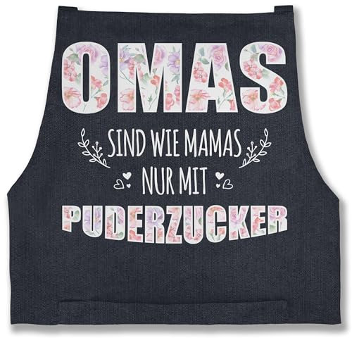 Schürze - Oma Erwachsene - Omas sind wie Mamas nur mit Puderzucker - Geschenk Omi - 85x69 - Jeans Blau - backen für weimachtsgeschenke oma. kochschürze lustig geschenke zum muttertag grandma