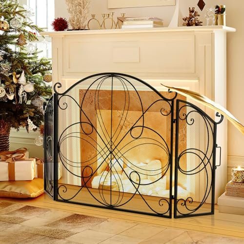 GOPLUS Pare Feu Cheminée Pliable 3 Panneaux en Fer, Écran de Cheminée Pare-Étincelles Pliable pour Décoration de Salon, Grille de Protection pour Cheminée Autoportante (Couronne, 151x83CM)