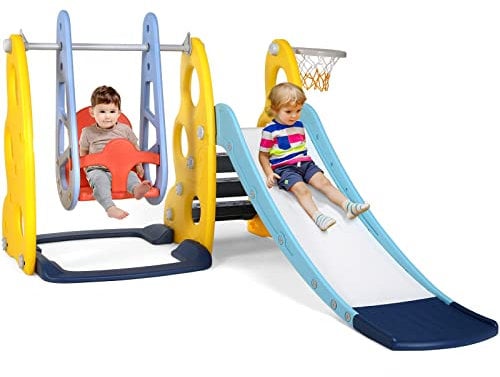Tobogán y Columpio, 3 en 1 Parque Infantil, con Tobogán + Columpio + Canasta de Baloncesto, Tobogan Jardin, Toboganes Infantiles Exterior, Tobogán Niños para Interiores