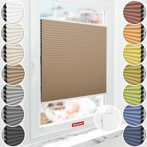 Schuette® Wabenplissee ohne Bohren zum Kleben: Maple Wood (Braun) ● 80x80cm (Breite x Höhe) ● Suprafix Faltrollo Klebehalterung ● Bequeme Rollo Montage inkl. Video