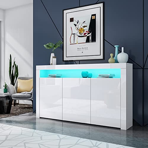 Generic Sideboard Schrank Modern Wohnzimmer Anrichte Möbel 3 Türen Hochglanz TV Lowboard mit LED Licht 152x35x97cm - Weiß