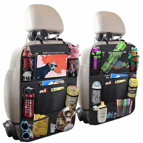 HSIULMY Car Seat Organiser for Kids 2 Pack - Back Seat Protector with 10 Tablet Holder & 9 Pockets, Kick Mat, Back Seat Storage Organiser for Toys Books Drinks (Black)