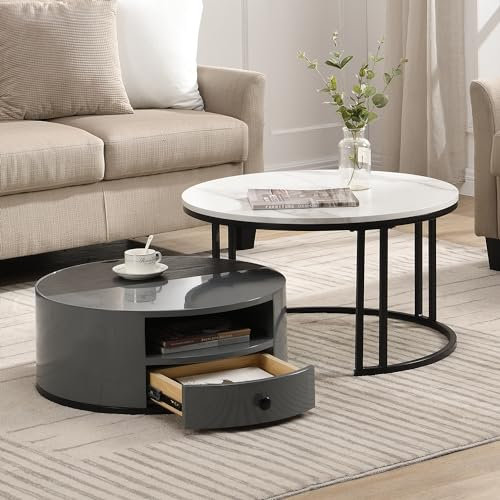 Merax Rund Couchtisch 2er Set,Nesting Couchtisch-Set: Schwarzer und Grauer PVC-Marmor-Look mit Hochglanzfinish und integrierter Aufbewahrung für EIN Elegantes Design