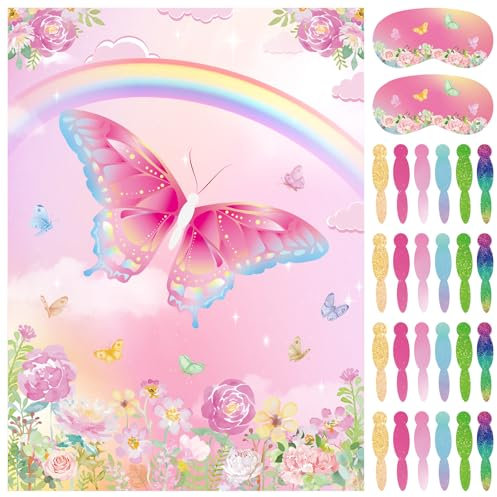 PLULON Schmetterlings-Party-Pinnspiel Kinder Pin The Tail Butterfly Geburtstagsspiel-Poster 48 Schwanzaufklebern für Jungen Mädchen Geburtstagsparty-Geschenke Wanddekoration Klassenzimmer-Aktivitäten