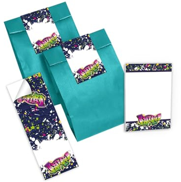 Junapack 12 Mini-Notizblöcke + 12 Geschenktüten (Petrol) + 12 Aufkleber Mitgebsel Gastgeschenk beim Kindergeburtstag Jungen Mädchen Graffiti neon