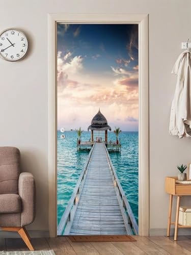 FLFK 3D Meer Holz Brücke Landschaft Türtapete Wandbilder Selbstklebend Tür Poster Vinyl Entfernbar Mauer Aufkleber Zuhause Dekor 85X215CM