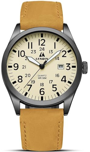 LN LENQIN Uhren Herren Herren Uhr Militär Uhr 30M wasserdichte Armbanduhr Herren Analog Quarz Uhren für Männer mit Datum Feld Uhr Taktische Uhr Leder Band
