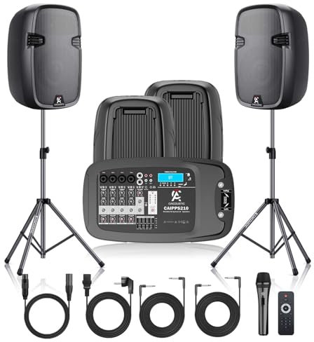 CAICOUSTIC Sistema PA portátil de 8 canales de 1500 W con Bluetooth, micrófono, 2 soportes de altavoz, USB, reverberación/efectos de retardo, perfecto para eventos al aire libre, fiestas, bodas,
