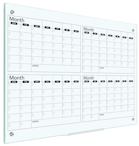 Kritkin Tableau blanc en verre 91,4 x 61 cm Calendrier 4 mois effaçable à sec Grand calendrier mural avec plateau à marqueurs pour mur, maison, bureau