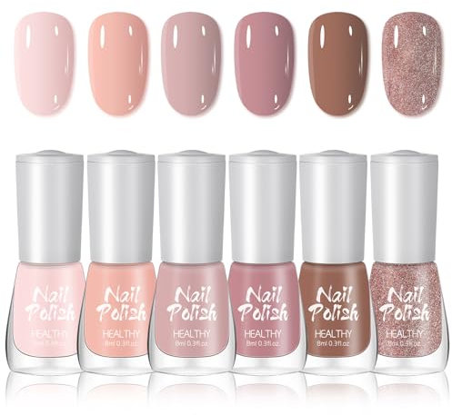 Nude Nail Polish Set - Brown Pink Nail Varnish Set - 6Pcs Fresh Spring Macaron Color Polish - Quick Dry Nail Varnish Gift Set DIY Long Lasting Nail Art Home
