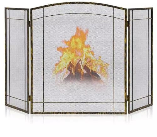 Kaminschirm in Antik-Gold, 121×74cm, handgefertigter Kaminschirm aus Schmiedeeisen, Funkenschutz, für drinnen und draußen, für Holzkohle- und Holzfeuer