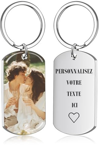 Porte-Clés Personnalisable avec Photo et Gravure Texte Double Face Porte Clef Personnalisé Cadeau pour Homme Femme Couples Amis et Famille (UV Argent)