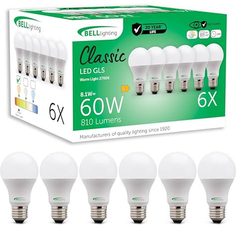 BELL Lighting E27 Edison Screw Cap Dimmable Light Bulb LED GLS 6 Pack | Warm White 2700K | 810 Lumen 8.1W | Energy Saving GLS LED Light Bulb | 60W Lamp Equivalent