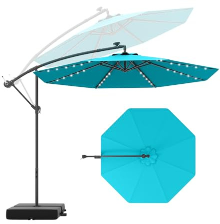 KOMFOTTEU Ombrellone da Giardino con LED e Pannello Solare, Ombrellone Parasole con Sacchi di Sabbia, Anti UV, Impermeabile, Regolabile ad Angolo, Ombrellone da Giardino 3x3 con Manovella
