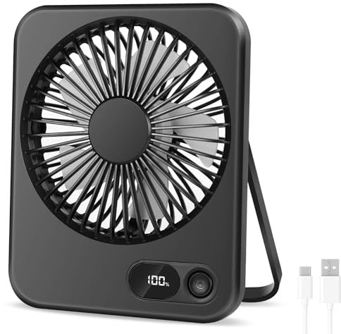 AXFEE Ventilatore Da Tavolo Piccolo, 2000mAh Ricaricabile Ventilatore Portatile, 5 velocità 360° Rotante, con Telecomando, Display a LED, Silenzioso Mini Fan, per Casa, Ufficio, Campeggio -Nero