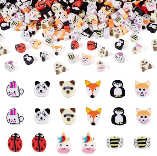 PandaHall 80 g Polymer-Ton-Perlen, Fuchs, Panda, Pinguin, Biene, Kaninchen, Marienkäfer, Einhorn, Hund, Cartoon, Tonperlen für Schmuckherstellung, DIY, Ohrringe, Armband, Halskette