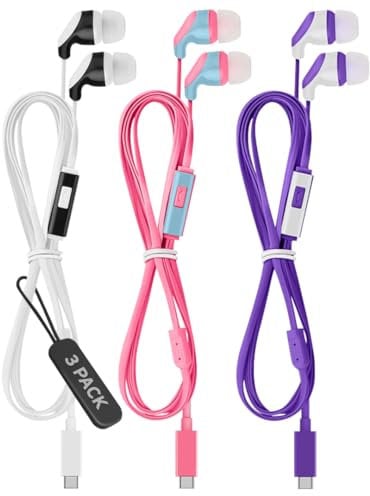 3 Pack USB-C Wired Earphones with Microphone – In-Ear Headphones for iPhone 15, iPad Pro, Galaxy S23, Pixel 7 – Type C Wired Headphones for USB-C Devices – Includes White, Purple, and Pink Earbuds