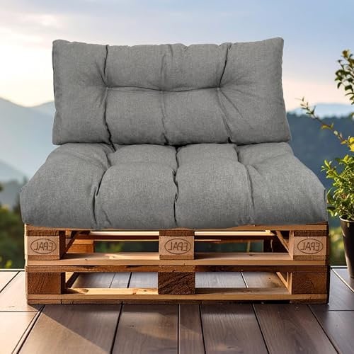 SLIPIO Palettenkissen, Kissen für Europaletten, FÜLLPRO+ Füllung, Wetterfest Palettenpolster (2-teiliges Set - 1x Rückenkissen 120x40cm + 1x Sitzkissen 120x80cm - Dunkelgrau Wasserfest)