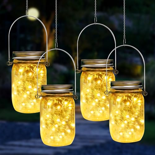 4 Stück Solarlaterne Für Außen, Solarlampen Für Außen Garten Hängend, Solar Laternen Für Draußen, Solarleuchten Für Außen Hängend, Led Solarlampe Für Garten, Für Außen Terrasse Rasen Balkon