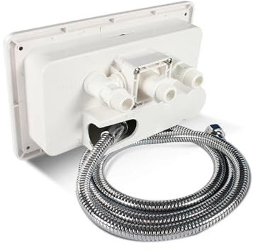 Kit de Cabina de Ducha Exterior Blanca for Caravana RV con Cerradura, tubería de Agua de Metal de 1,5 m, Boquilla de Ahorro de Agua aplicable a Accesorios de Camping Camper(0100059)