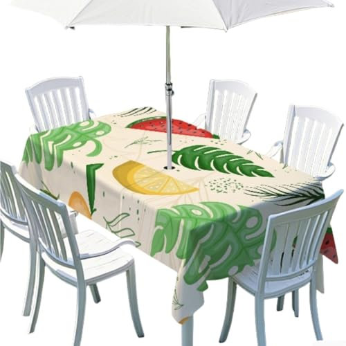 FUNCITTE Rechteckige Tischdecke mit Sonnenschirmloch, wasserdichte Tischdecke für den Außenbereich, Garten, Terrasse, mit Reißverschluss, für Grillparty, Tischdecke (Grün)