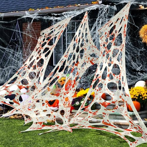 1360 Sqft Zuschneidbare Dehnbares Spinnennetz Halloween Deko - Blut Riesiges Halloween Gruselige Spinnweben mit Fake-Spinnen und Fledermäusen für Innen Outdoor Garten Horror Party Dekoration