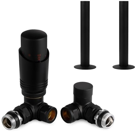 VANCOCO Matte Black Thermostatic Radiator Valve 1/2×15mm Corner with Lockshield + 130mm×18mm Radiator Pipe Covers, Thermostat TRV Set, H62 Brass, Energy Saving