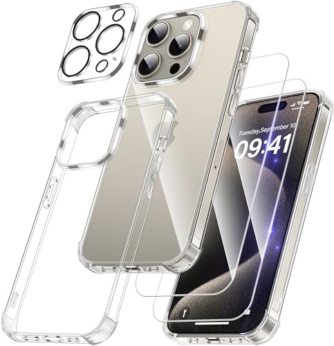 FLLAO 4 in 1 Cover per iPhone 15 Pro Custodia con 2 Pellicola Vetro Temperato e 1 Fotocamera Protettiva, [Cuscino d'aria integrato] Antiurto Antigraffio Morbido Cover per iPhone 15 Pro, Trasparente