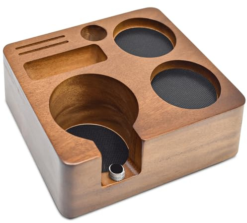 Kqpoinw Tamperstation,Espresso Tamper Station Walnuss Holz für Siebträger Zubehör 58mm, Kaffee Tamping Station mit Silikonkissen, Kaffeemühle Tamperhalter für Kaffeemaschine Barista Zubehör