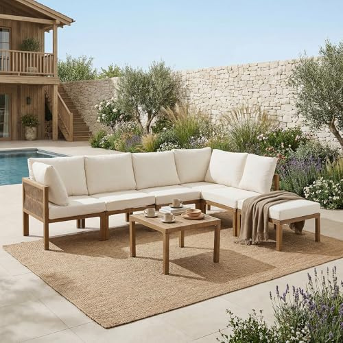 FammyLoft 6 Sitzer Outdoor Gartenmöbel Set, Gartenlounge Außen mit Esstisch, Modulare Gartensofa mit Handgeflochtene Armlehnen, Outdoor Sofa Wetterfest, für Terrasse & Garten, Beige