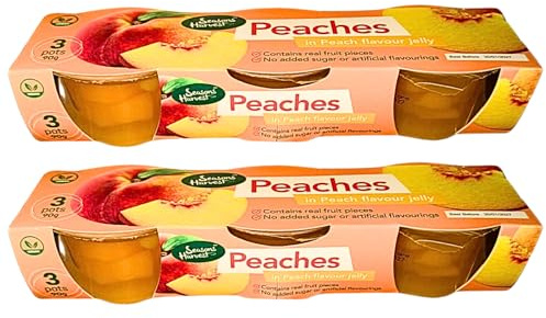 Seasons Harvest Peaches in Peach Flavour Jelly 6 Pots – 2 x 3 Pack (90g Each) – Ready to Eat Fruit Dessert – Includes Gifty Goodness Shopping List