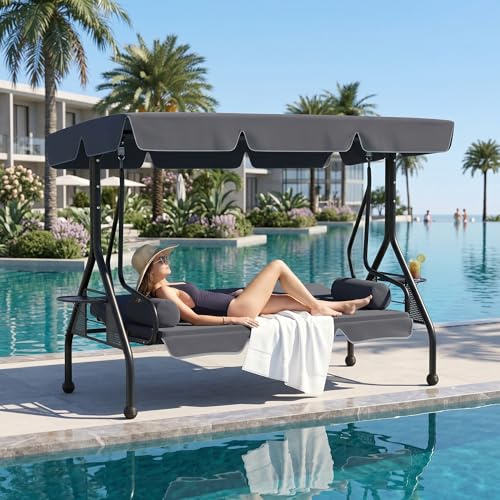 YRHome 3 Sitzer Hollywoodschaukel 2in1 zum Sitzen&Liegen, Gartenliegeschaukel mit Sonnendach&Sitzauflage, Wetterfest & UV-beständig, Stabiler Stahlrahmen bis 350 kg Belastbarkeit, Anthrazit
