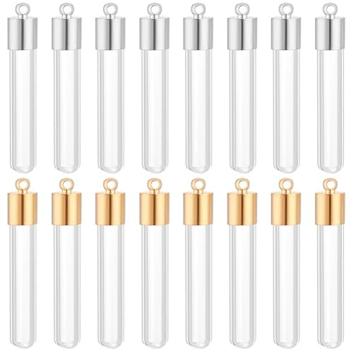 PandaHall Elite 16 Botellas de Cristal Transparente de 30 mm para Colgar con Tapas de Metal Dorado/Plateado para Hacer Collares y Colgantes