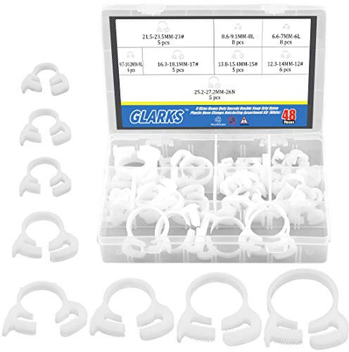 Glarks 48 Stück robuste Nylon-Schlauchschellen, 8 Größen, weiß, 6,6–27,2 mm, Kunststoff-Ratschen-Klemmen, Sortiment-Set (Weiß, 48 Stück)