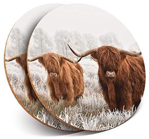 2 x Round Coasters - Winter Highland Cow Scotland - Cork Backed Home Kitchen Accessory Tea Coffee Mug Mat #14591