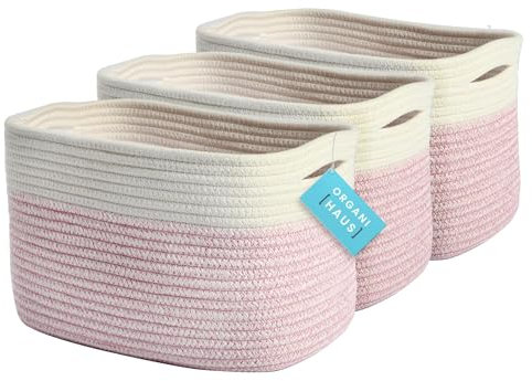 OrganiHaus Pack of 3 Pink Basket for Shelves, Toy Storage Basket, Bathroom Storage Baskets, Woven Shoe Basket for Hallway, Cotton Rope Basket for Towel Storage, Blanket Basket for Living Room