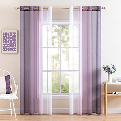 MIULEE 2er Set Voile Vorhang Zweifarbiger Vorhang mit Ösen Transparente Gardine Ösenschal Fensterschal Lichtdurchlässig für Schlafzimmer, 140x260cm, Lila